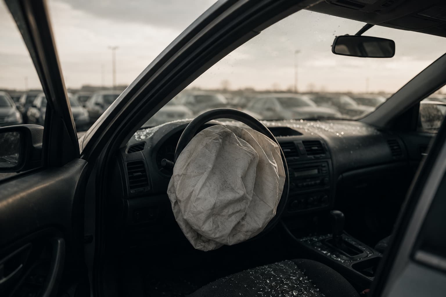 Deployed airbag resting over a car steering wheel in a quiet impound lot — the aftermath of an auto accident claim