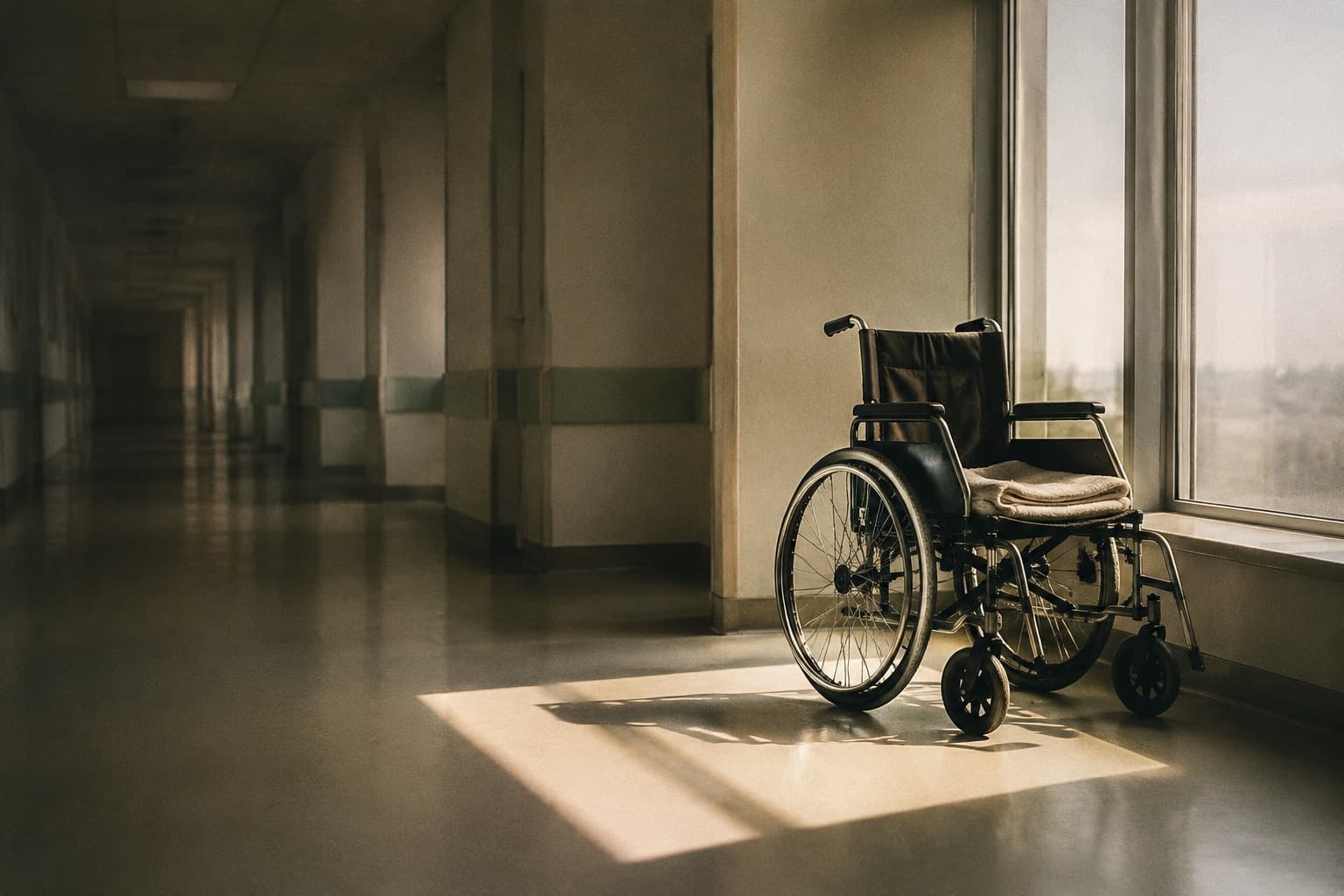 Unoccupied wheelchair beside a hospital corridor window in late light — catastrophic injury case intake