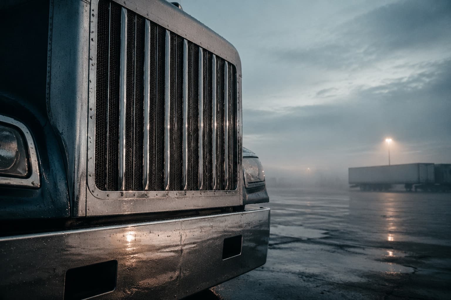 Chrome grille of a parked eighteen-wheeler tractor unit at dawn — commercial truck accident lead intake