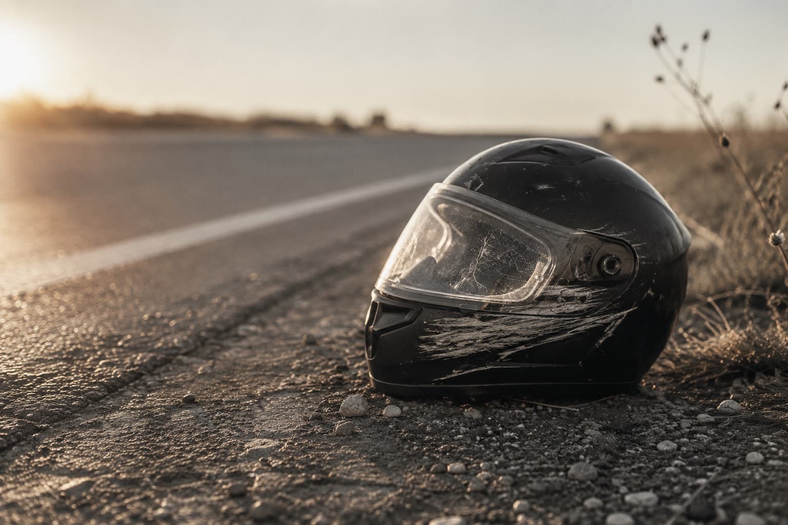 Scuffed full-face motorcycle helmet resting on rural highway asphalt — motorcycle crash case intake
