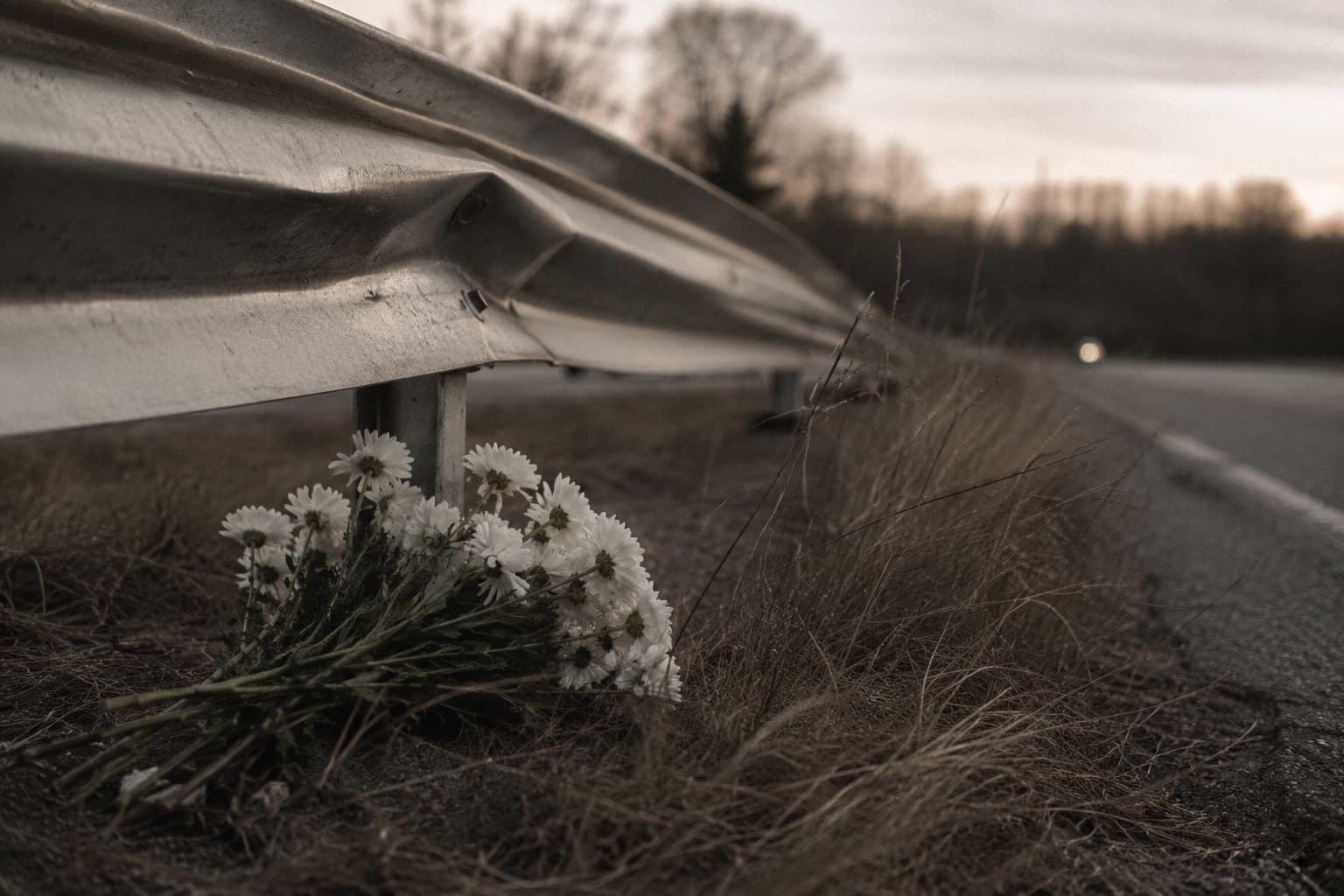 White chrysanthemums laid at the base of a roadside guardrail at dusk — wrongful death case intake
