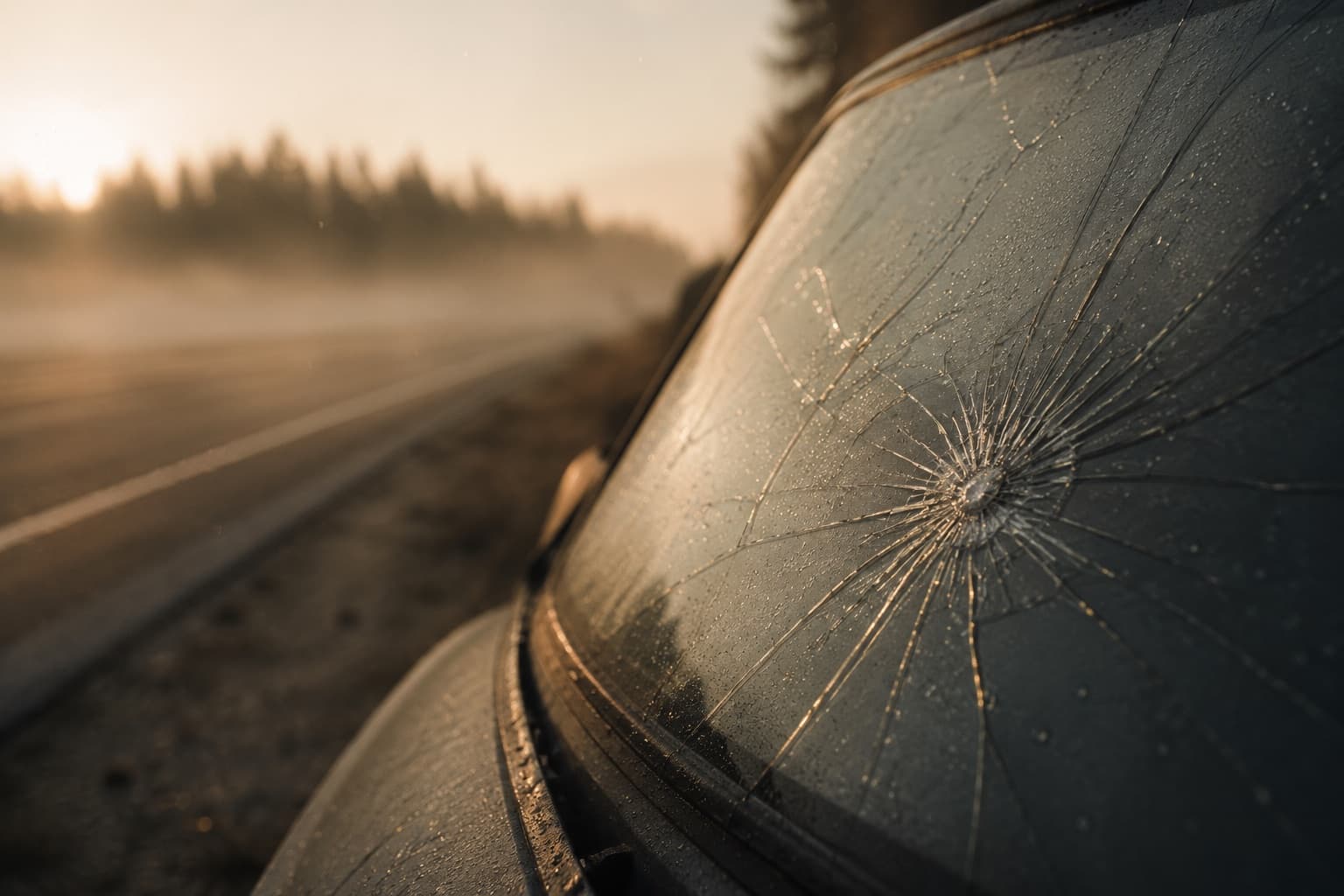 A cracked windshield catching low morning light on an empty roadside, shallow depth of field