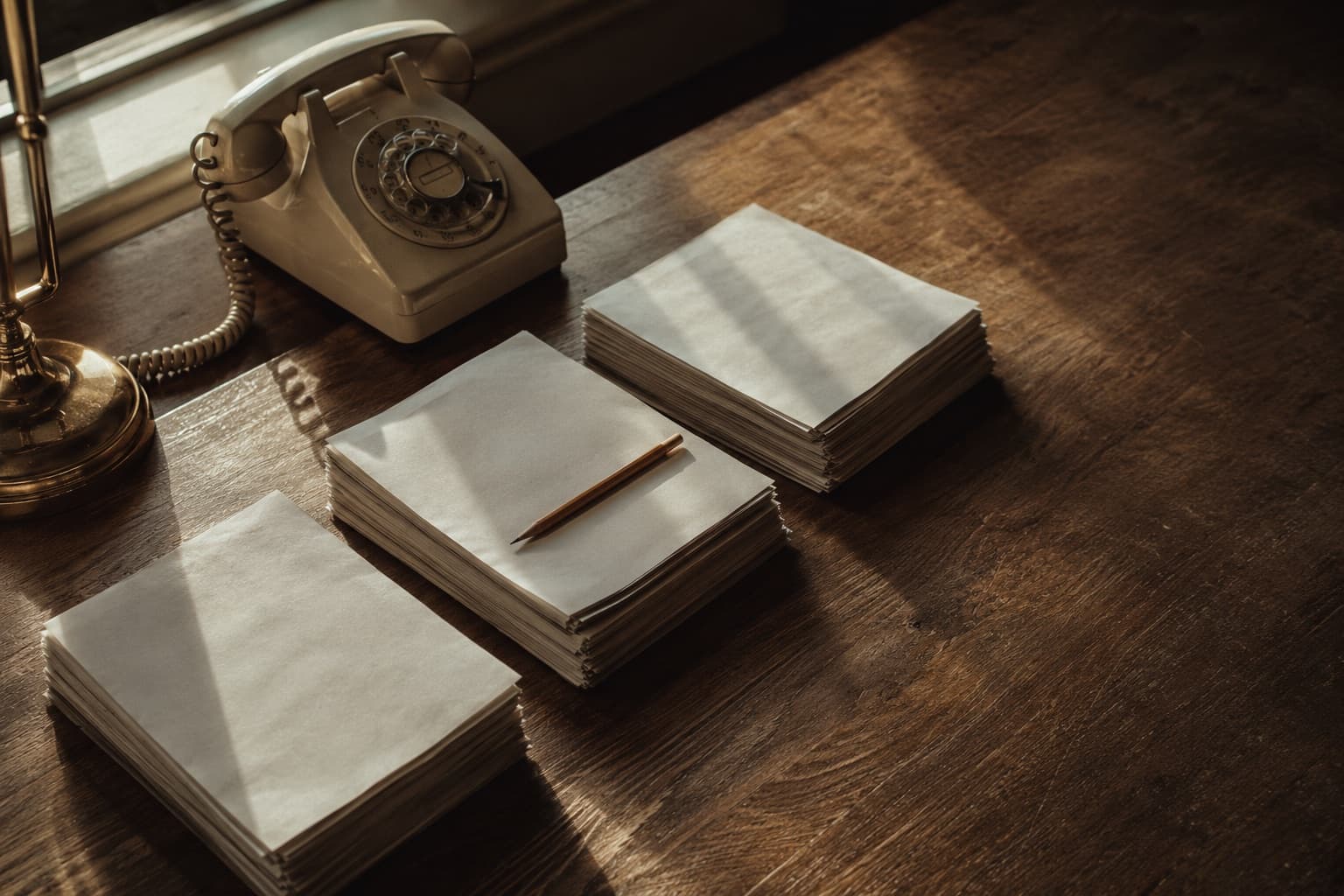 Stacks of paper intake forms on a wooden desk beside a landline phone, warm side light