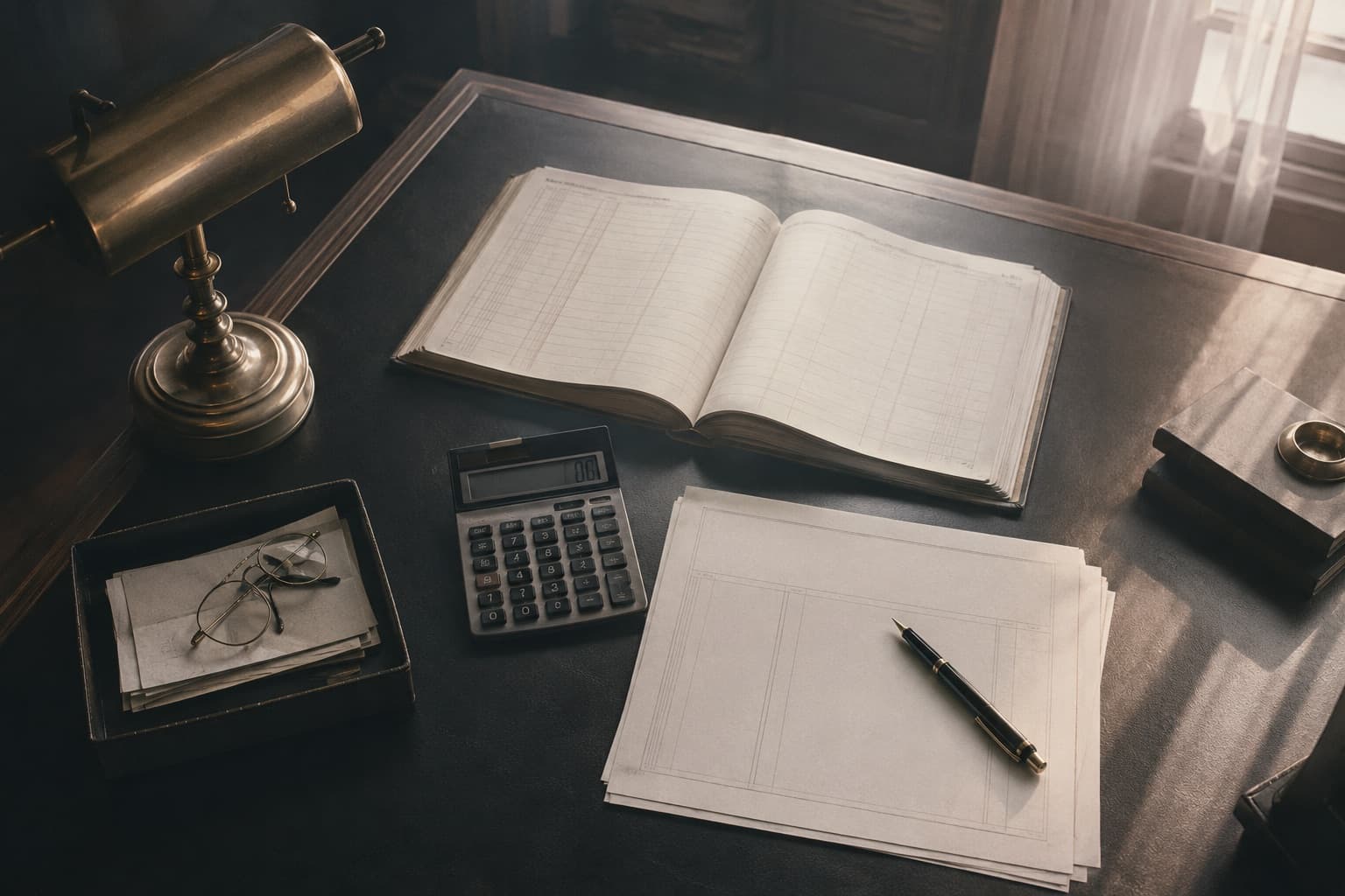 A law office desk seen from above with an open ledger, brass lamp, calculator, and fountain pen