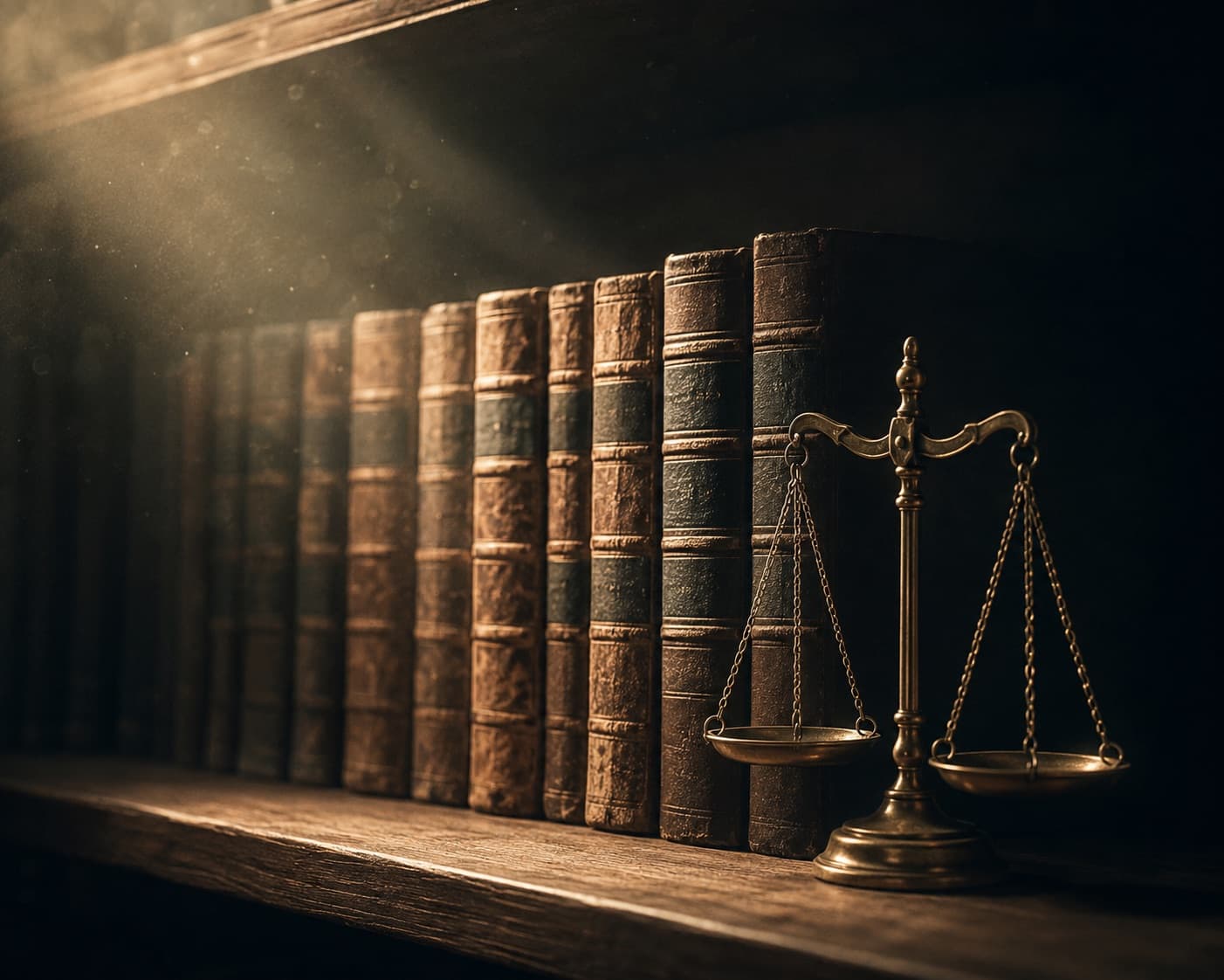 Worn leather-bound law books on a shelf beside a small brass scale in warm light