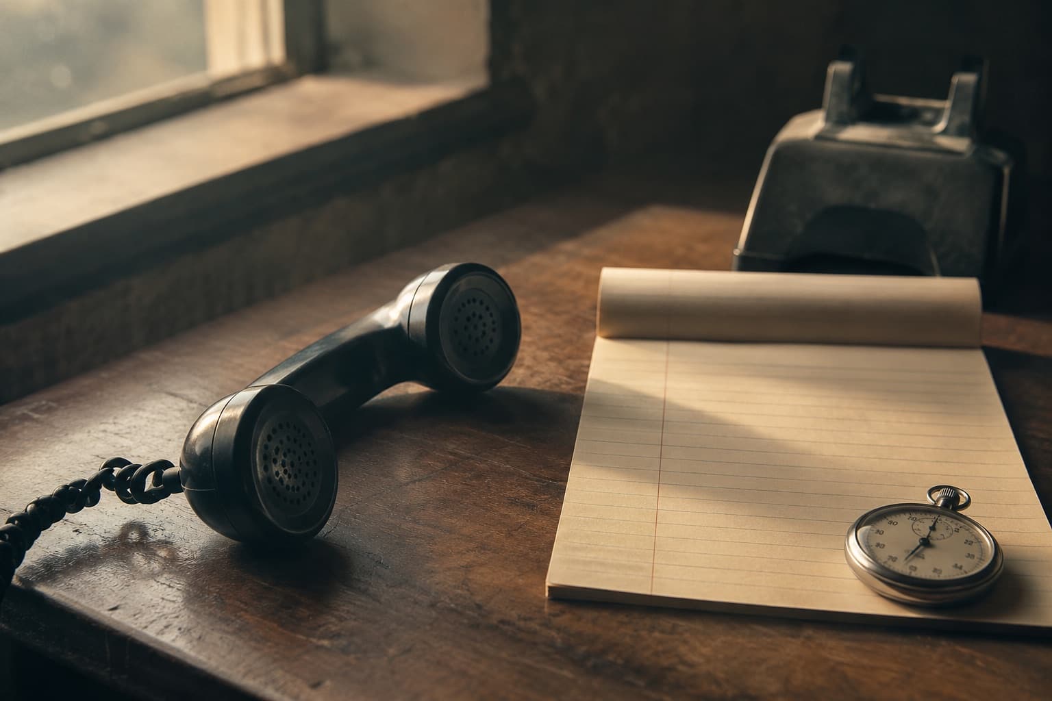 A vintage telephone handset off the hook on a wooden desk beside a blank legal pad and a stopwatch