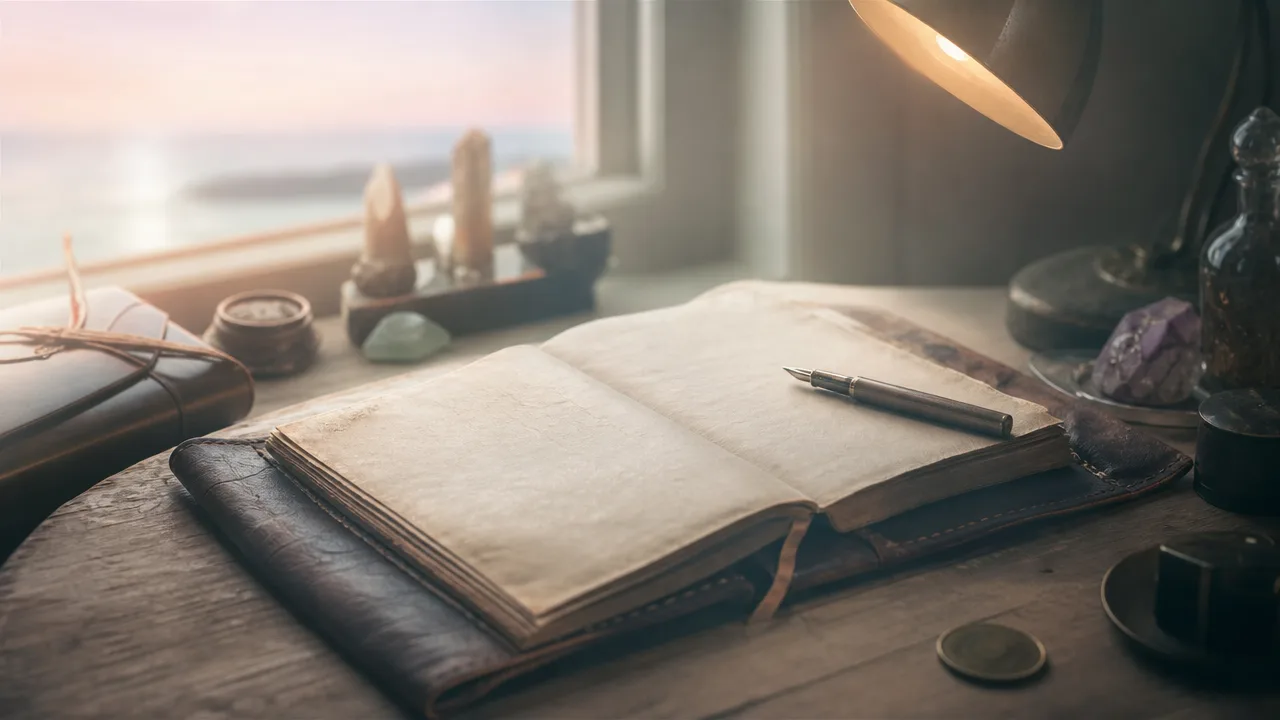 An open field journal with a fountain pen resting on its blank pages, on a worn wooden desk beneath a lamp, with the sea visible through the window at dusk.