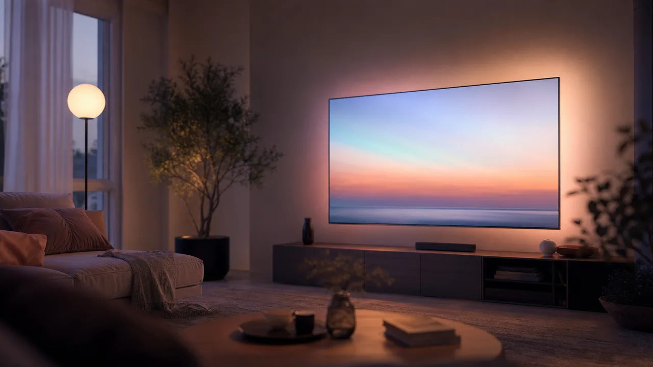 A large wall-mounted television glowing in a dim living room at dusk, showing a sunset over the ocean — connected TV in the environment where PI ads actually play.