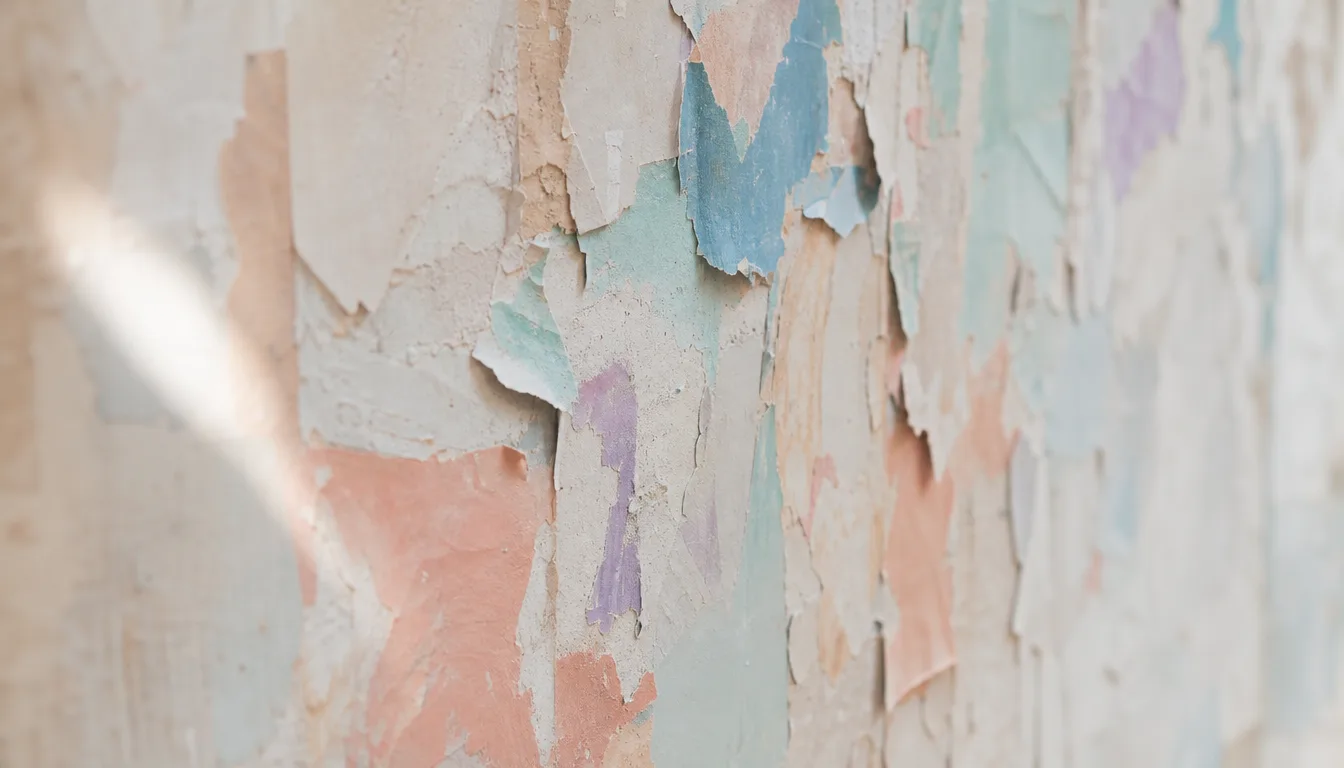 Layers of faded, peeling poster paper on an old wall, colors worn down to fragments — banner advertising that stopped earning its place.
