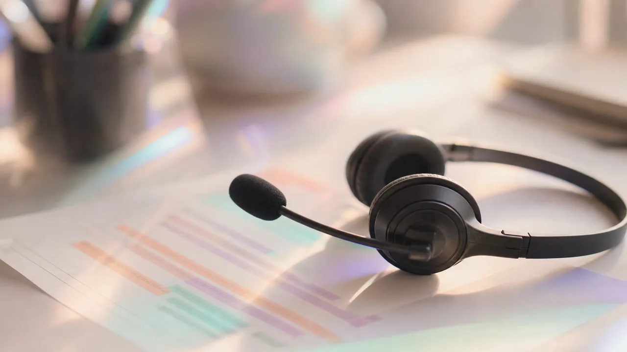 A call-center headset resting on printed call sheets marked up with highlighter, warm morning light across the desk — the raw material of an intake-script field test.