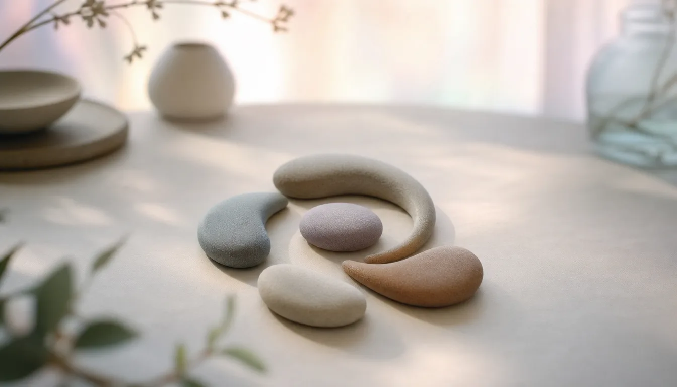 Smooth pastel stones arranged in a circular spiral on a bright tabletop, each one feeding into the next — a small flywheel built one piece at a time.