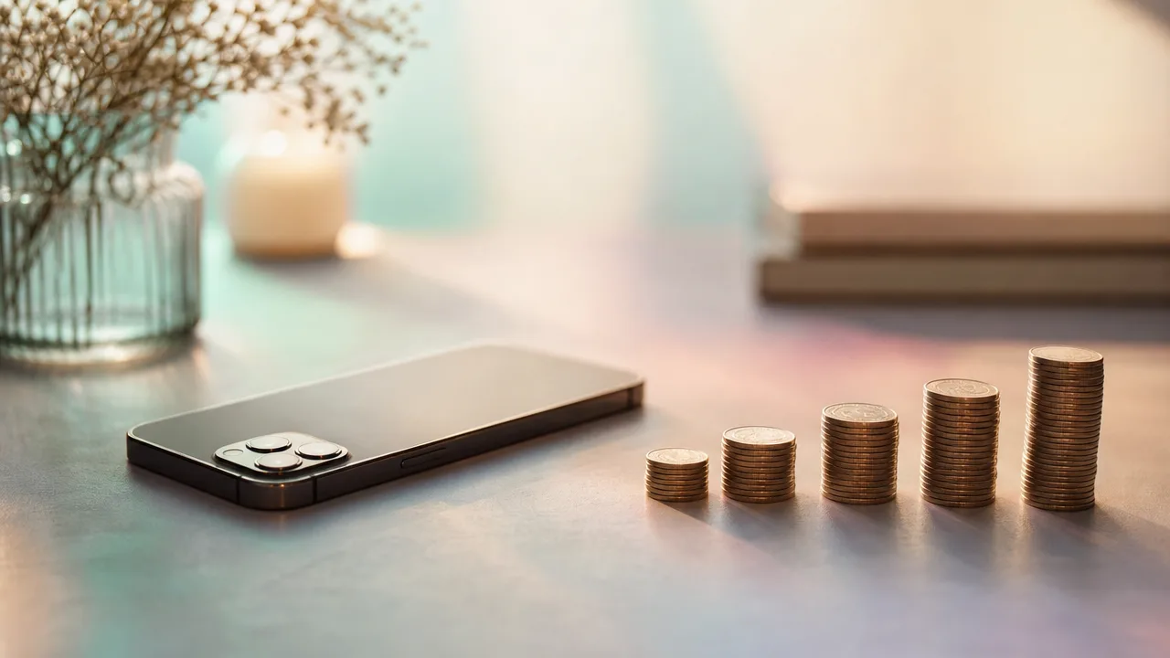 A smartphone lying face-down on a desk next to a row of coin stacks that step upward in height — rising costs after a quiet platform change.