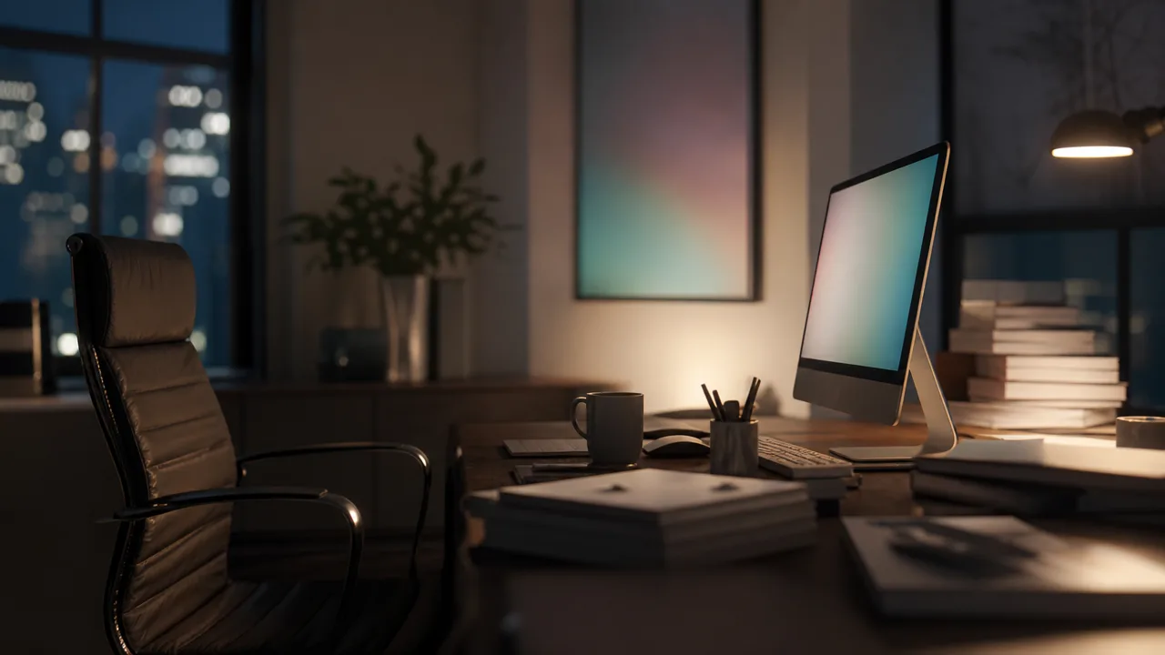 A dim office at dusk with an empty leather chair, a desktop monitor glowing softly, and stacks of reports piled beside the keyboard — the end of a long year of campaign reviews.