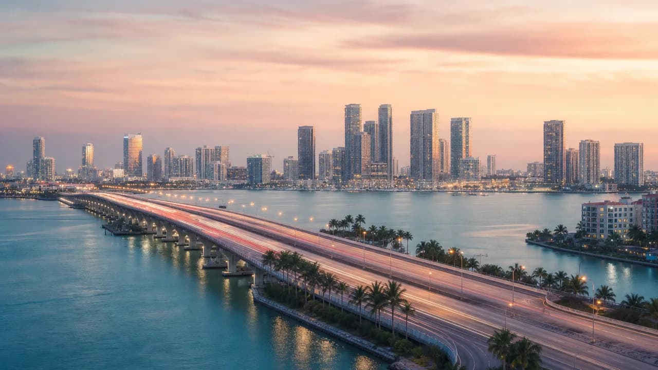 Highway interchange at dusk in Miami