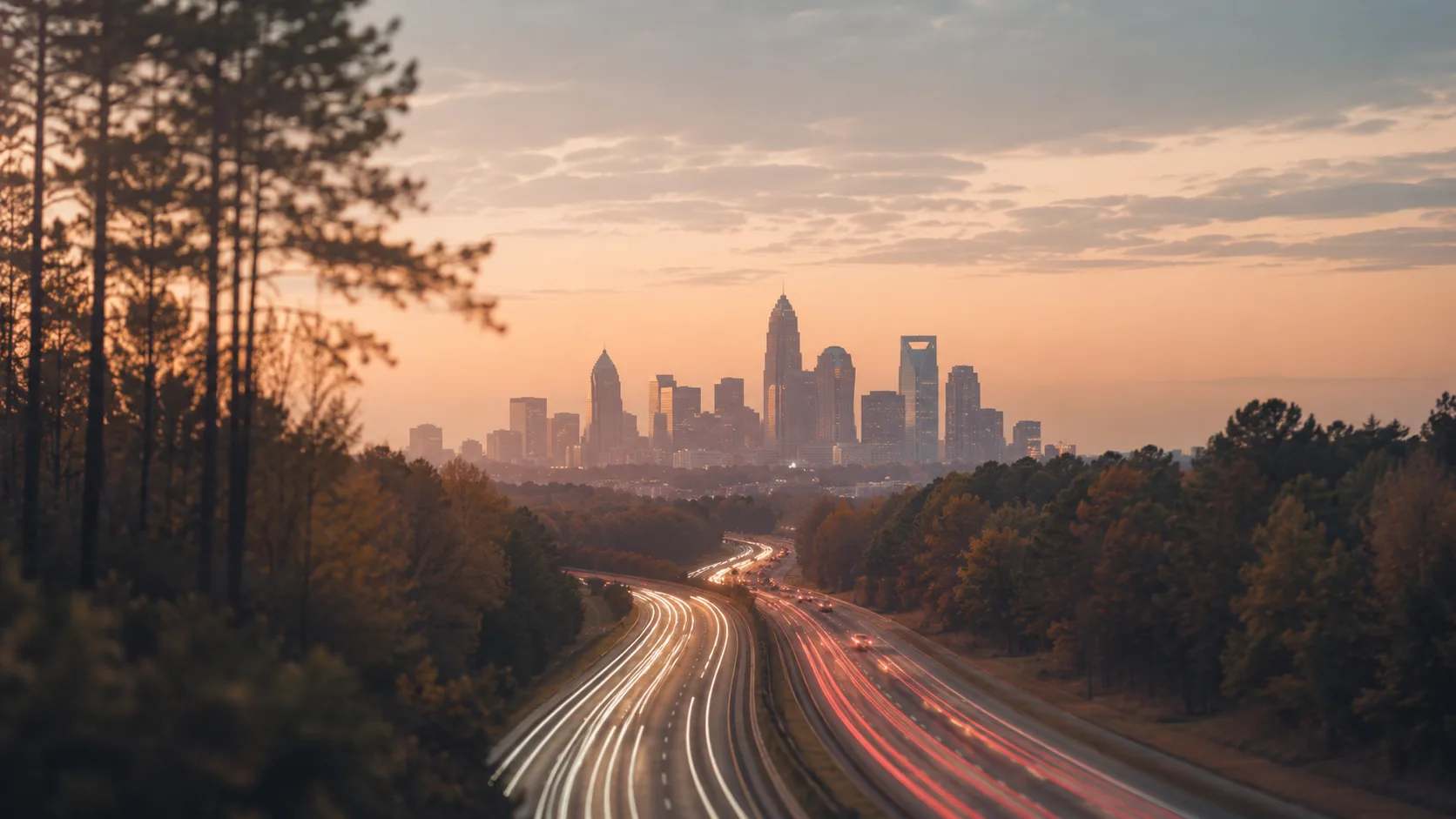 Highway interchange at dusk in North Carolina