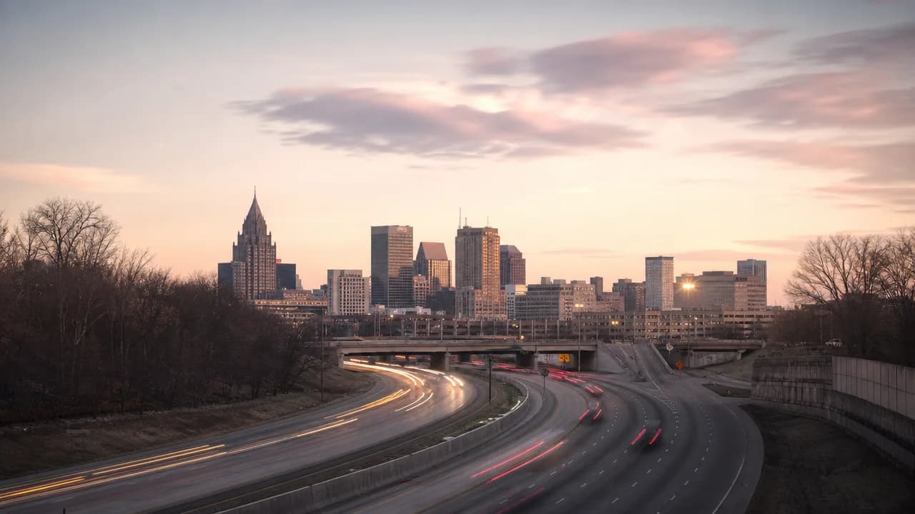 Highway interchange at dusk in Ohio