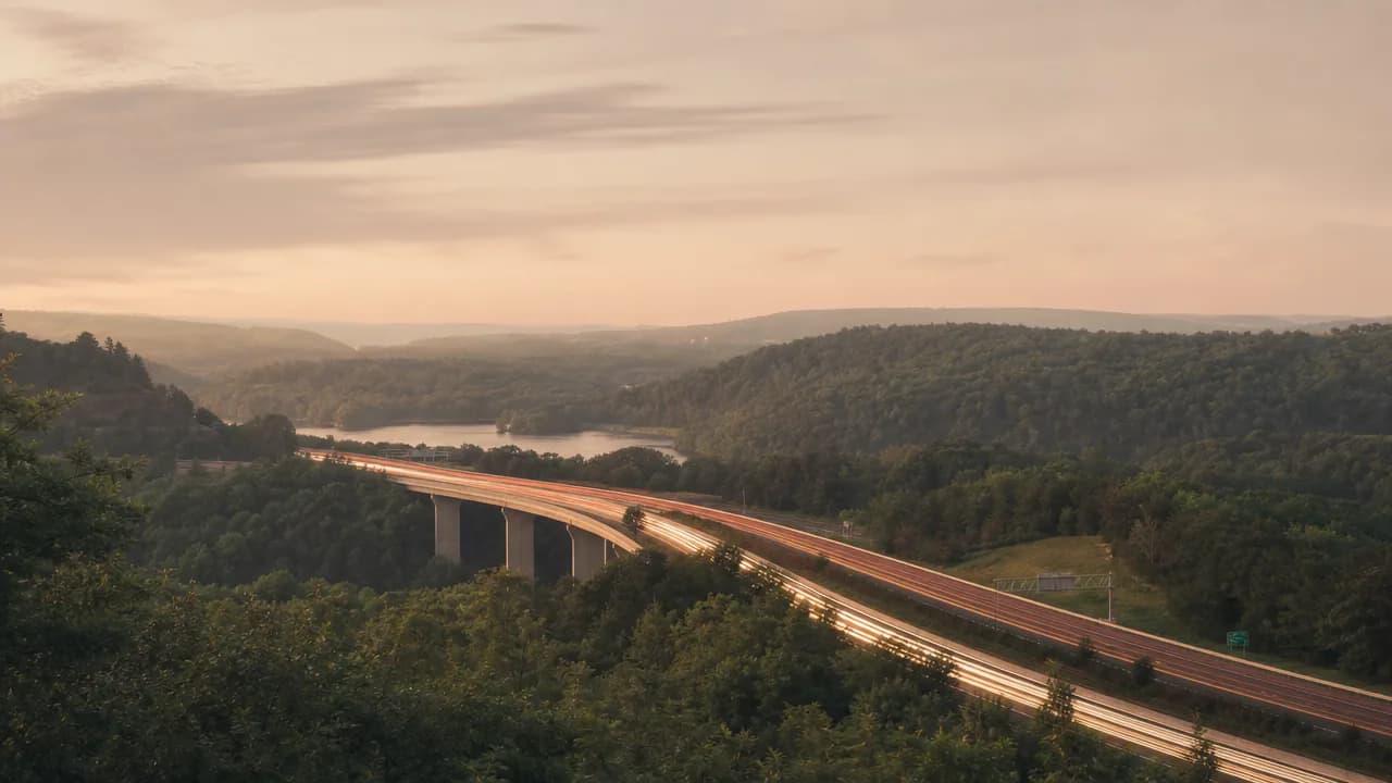Highway interchange at dusk in Pennsylvania