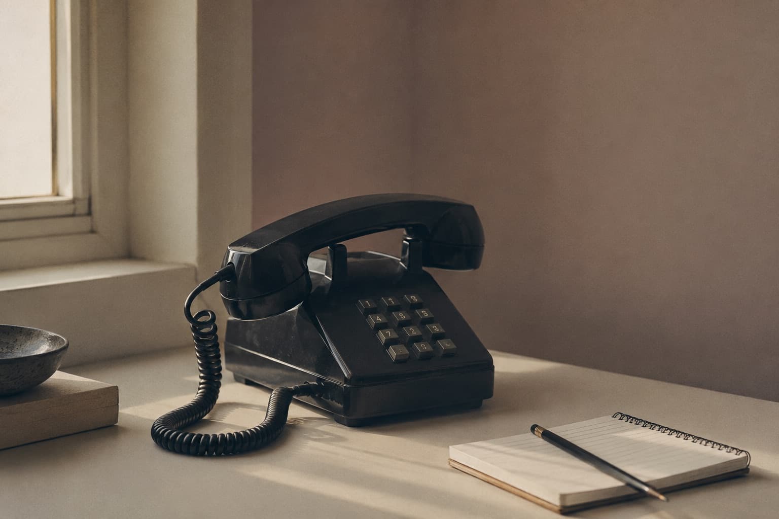 Desk telephone with the handset lifted — a live-transfer pay-per-call MVA lead reaching intake