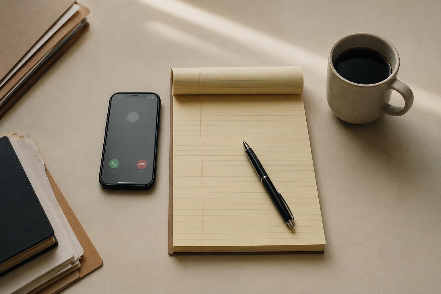 Intake desk with a smartphone receiving an incoming call beside a legal pad — how an MVA lead arrives at a law firm