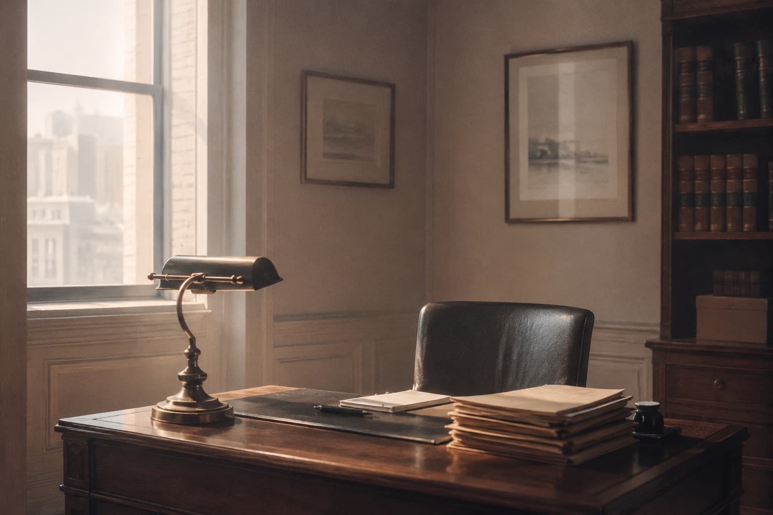 A solo practitioner's law office in early morning light — MVA leads sized for a one-attorney practice