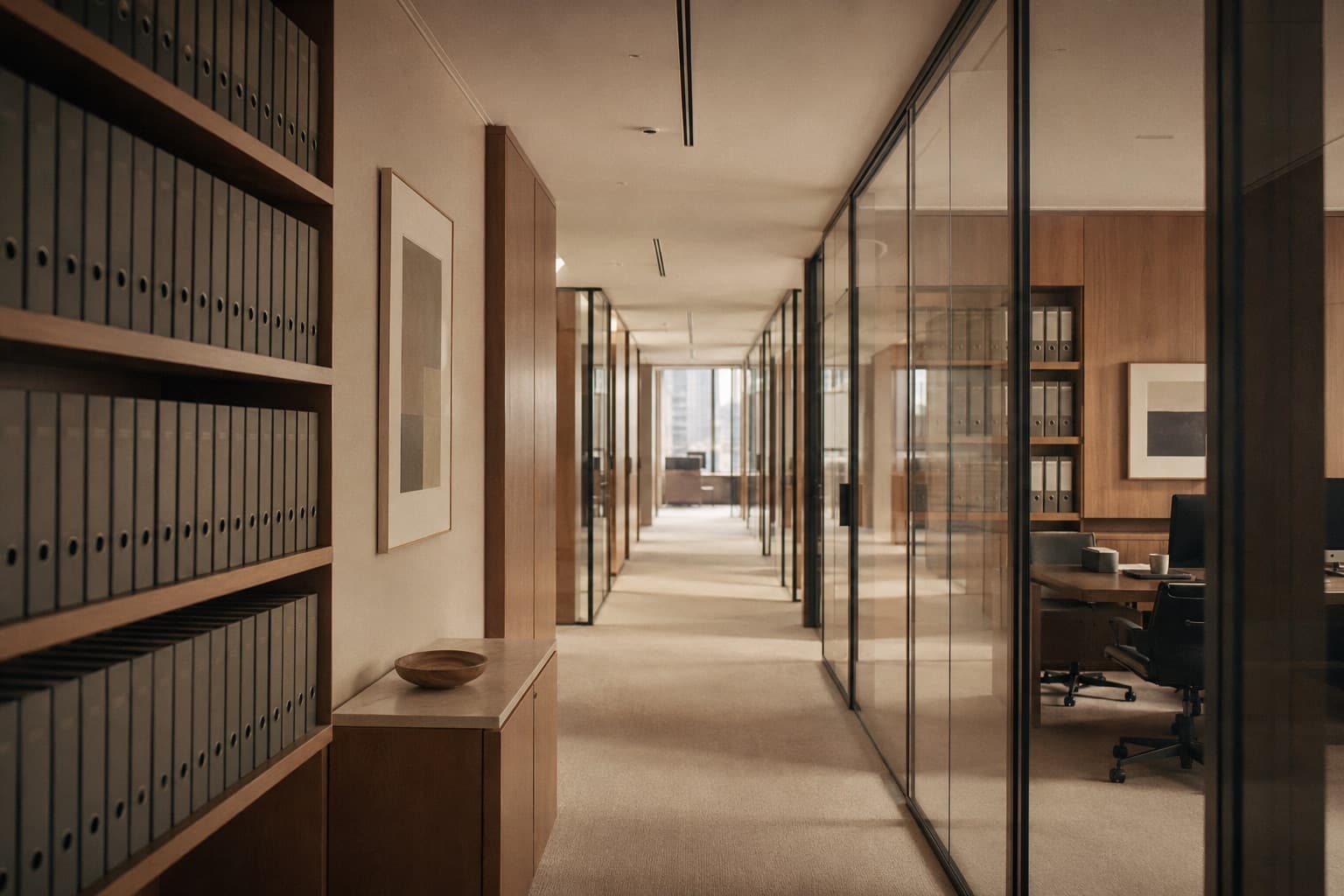 A law firm corridor lined with shelves of case binders, glass-walled offices along one side