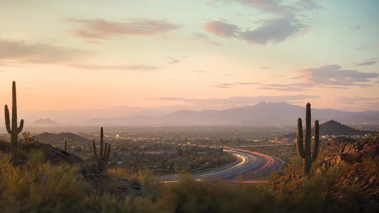 Highway interchange at dusk in Arizona
