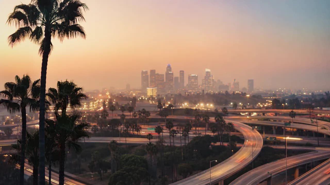 Highway interchange at dusk in California