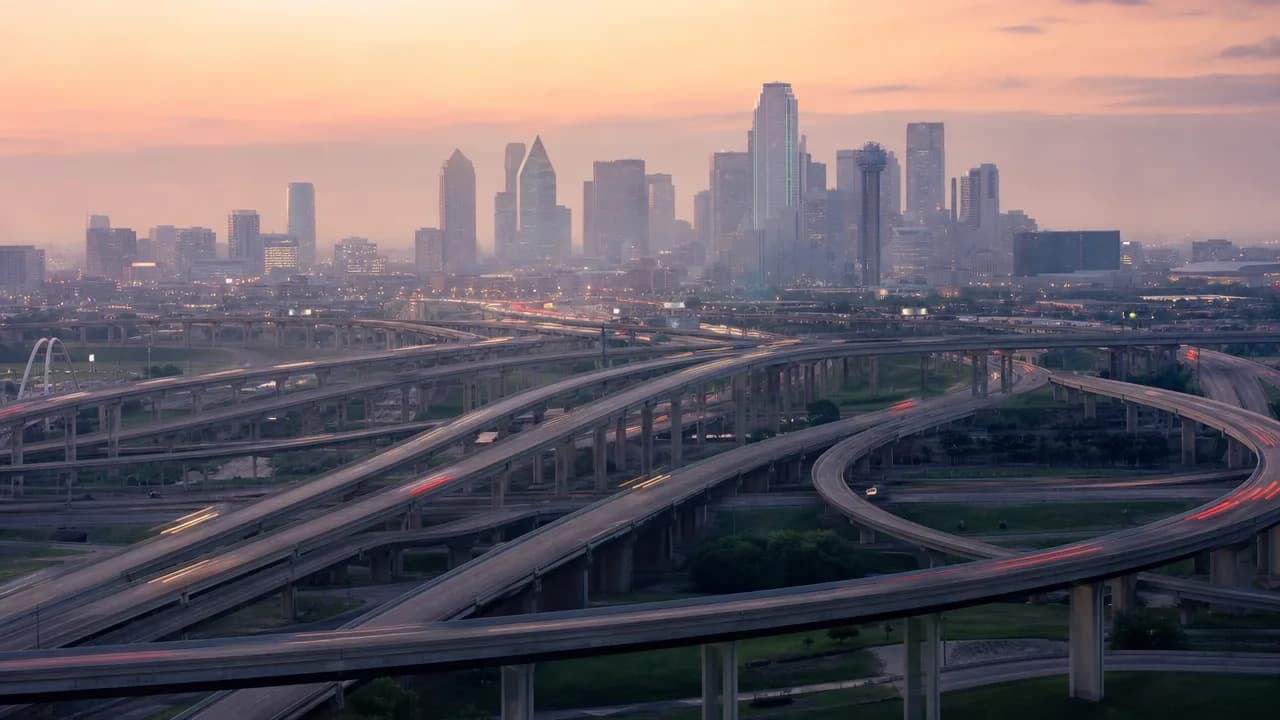 Highway interchange at dusk in Dallas–Fort Worth