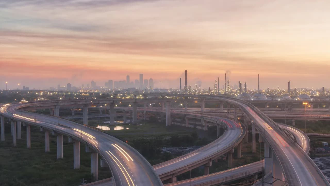 Highway interchange at dusk in Houston