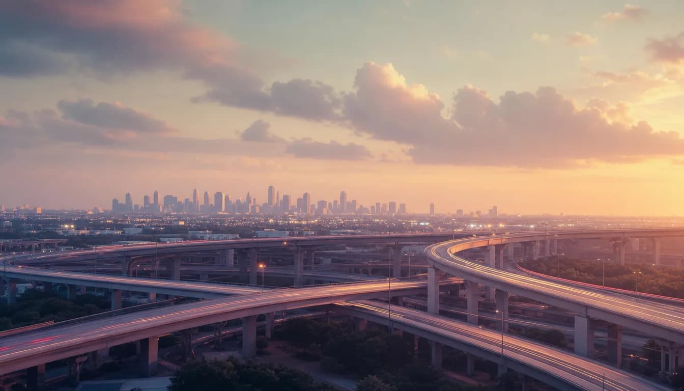 Highway interchange at dusk in Texas