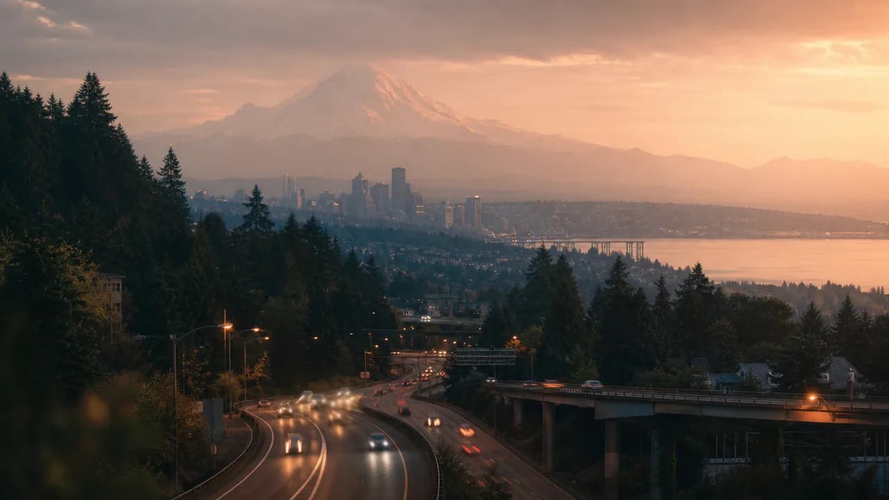 Highway interchange at dusk in Washington