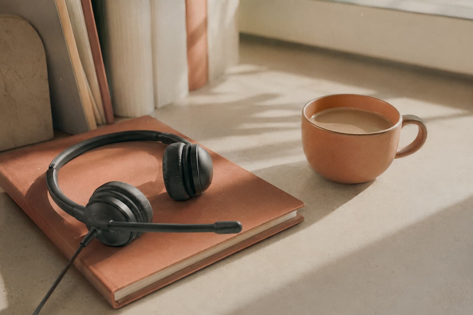 Bilingual intake workstation with headset and café con leche — Spanish-speaking MVA lead intake